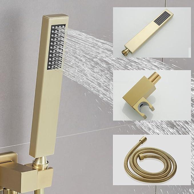 JingGang 10 Inch Ceiling Mounted Shower System Rain Mixer Shower Combo Set Rainfall Shower Head System ‎Brushed Gold Shower Faucet Rough-in Valve Body and Trim Kit Included - ModernBath
