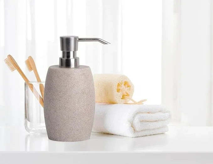 Clasin Home Sandstone Textured Resin Soap Dispenser with Metallic Pump and Waterproof Bottle Labels for Bathroom Kitchen Dish Hand Wash Shower Lotion Shampoo, 12 Oz, 2 Sets Beige - ModernBath