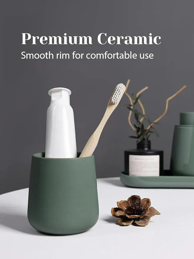 INGOFIN 3 Pcs Ceramic Bathroom Accessory Set - Foam Soap Dispenser, Toothbrush Holder & Tray, Bathroom Counter Set, Countertop Essentials for Home, Guest Bathroom, or Office Use, Matte Green - ModernBath