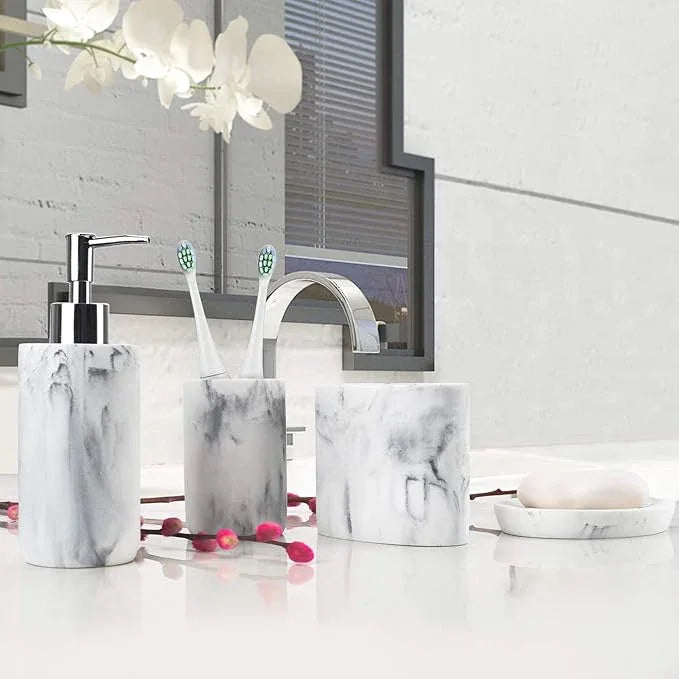 L'ARL GMVOI Bathroom Accessories Set,4 Pieces Marble Bathroom Vanity Countertop Accessory Set with Bathroom Toothbrush Holder Set,Soap Dispenser,Tumbler,Soap Dish for Bathroom Home Decor - ModernBath