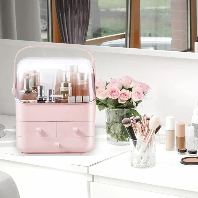 LINFIDITE Cosmetic Storage Box with Lid Waterproof&Dustproof Makeup Organizer Box Portable Handle,Large Makeup Display Case with Drawers Fully Open Lid,Great for Bathroom Countertop Bedroom Dresser - ModernBath
