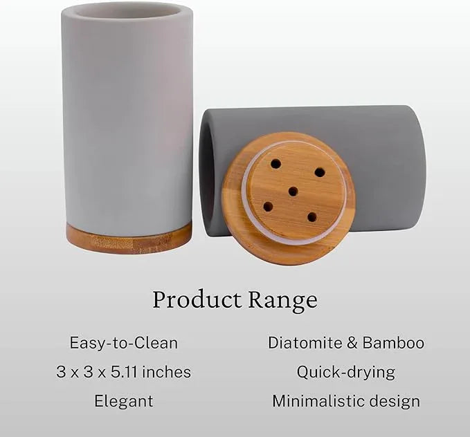 Matani Diatomite & Bamboo Toothbrush Holder - Quick-Drying, Water-Absorbent Stand with Removable Base & Drain Holes for Bathroom Countertop (Beige) - ModernBath