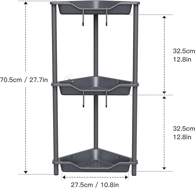 Orimade Rustproof 3 Tier Floor Standing Corner Shower Caddy Organizer, Plastic Metal Splicing Floor Corner Shelf Rack Stands for Bathroom, Grey - ModernBath