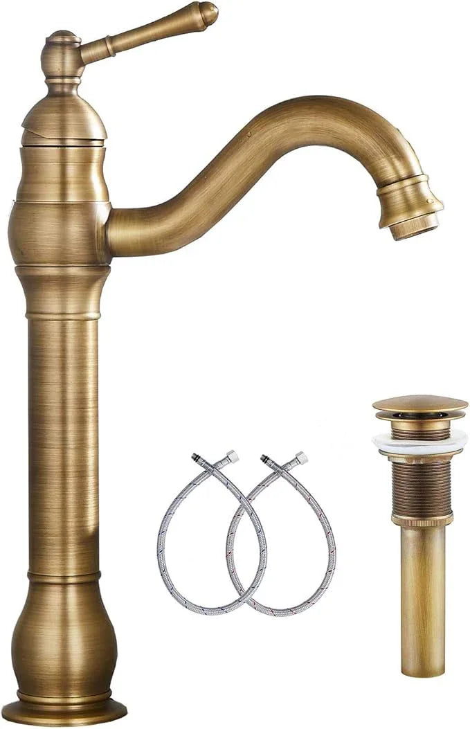 GGStudy 360° Swivel Antique Brass Bathroom Vessel Sink Faucet Single Handle One Hole Matching with Pop Up Drain - ModernBath