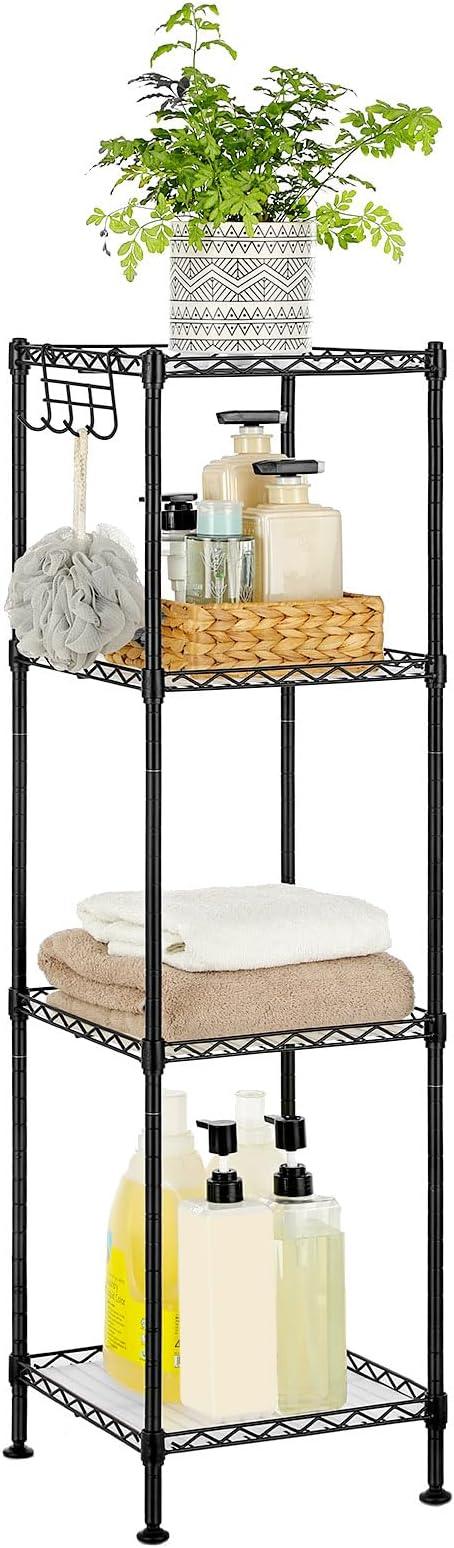 SONGMICS 4-Tier Bathroom Shelf, Storage Rack for Small Space, with 4 PP Shelf Liners, Removable Hook, Extendable Design, Ink Black and Translucent ULGR104B01 - ModernBath