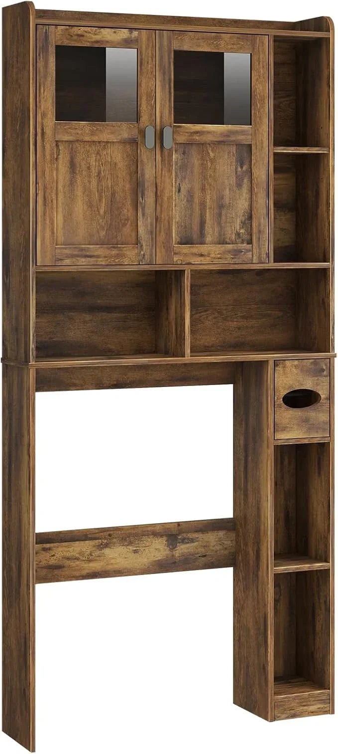 Vabches Over The Toilet Storage Cabinet, Bathroom Shelf Over Toilet with Glass Doors and Adjustable Shelves, Brown Freestanding Home Space Save Toilet Rack, for Restroom, Bathroom, Laundry - ModernBath