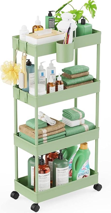 LEHOM Slim Rolling Storage Cart - 4 Tiers Bathroom Organizer Utility Cart Slide Out Storage Shelves Mobile Shelving Unit for Kitchen, Bedroom, Office, Laundry Room, Small Narrow Spaces（7.1" W+Green） - ModernBath
