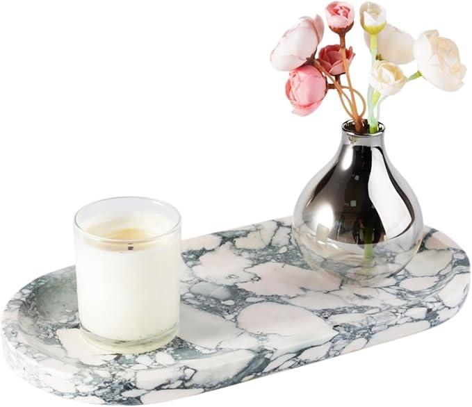 Koville Natural Marble Tray for Bathroom Countertop, Marble Vanity Trays for Perfume, Cosmetics, Jewelry, Decorative Tray for Dresser Organizer, Stone Storage Trays for Bathroom Decor(Grey) - ModernBath