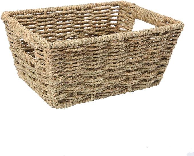 Small Seagrass Storage Basket, Natural Rectangular Decorative Home Organizer Bins with Both-side Handles for Farmhouse, Bathroom, Bedroom. - ModernBath