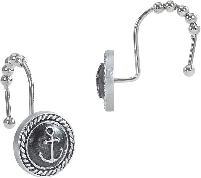 Nautical Anchor Shower Curtain Hooks, Rustproof Black White Ocean Sea Bathroom Curtain Hooks, 5 Roller Ring Balls Shower Hooks for Shower Curtain, Decorative Shower Curtain Hooks, Set of 12 - ModernBath
