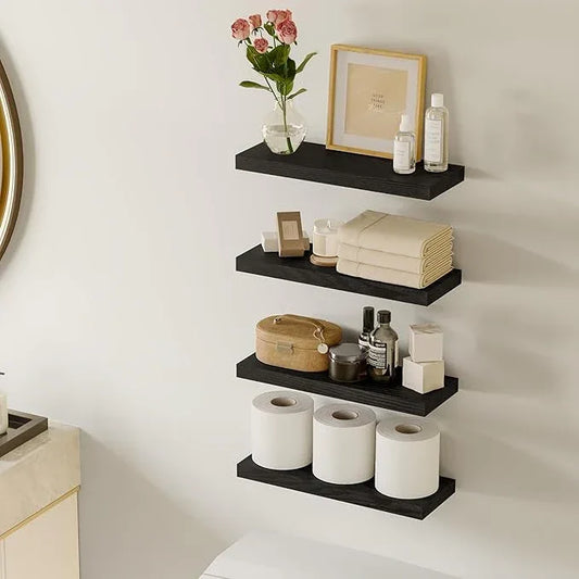 Fixwal Floating Shelves for Wall, Wall Mounted Rustic Wood Shelves for Bathroom, Living Room, Bedroom and Kitchen, Wall Shelves for Storage,Books,Room Decor (Black, Set of 4, 15.8 Inch) - ModernBath