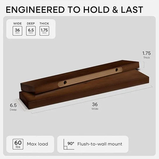 Homeforia Walnut 36 inch Floating Shelf, High End Solid Real Wood 36inch Large Shelves for Bathroom Wall, Dark Brown 36 inches Long Floating Shelves, Heavy Duty Bracket, 36 X 6.5 X 1.75 inch, Set of 3 - ModernBath