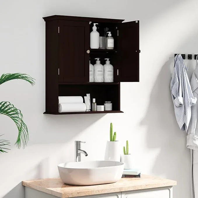Giantex Wall Mounted Medicine Cabinets - Above Toilet Bathroom Cabinet with Adjustable Shelf, Open Shelf, Over The Toilet Space Saver Storage Cabinet for Laundry Room, Kitchen, Cupboard (Brown) - ModernBath