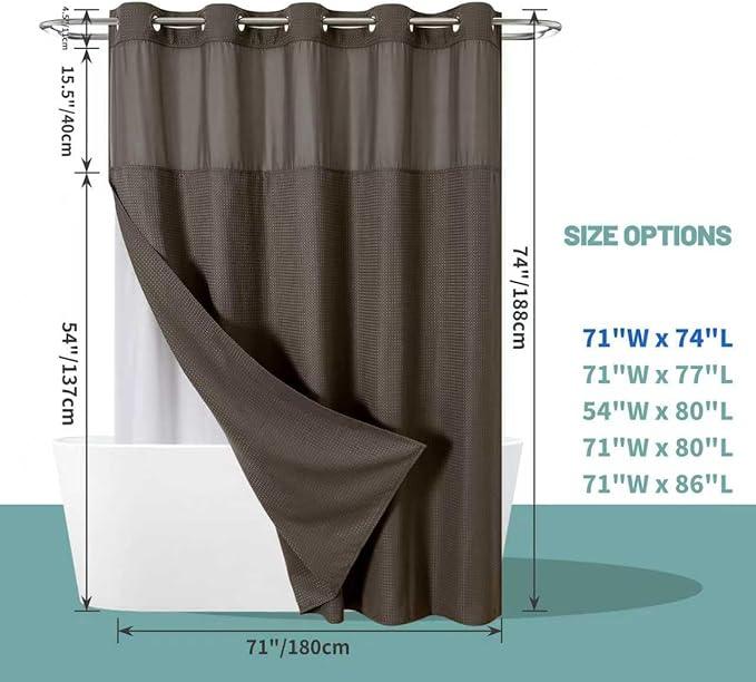 eachope Brown No Hook Waffle Weave Shower Curtain with snap-in Liner Replacement, 230GSM Waterproof Fabric Hotel Shower Curtain Set for Bathroom, Through Mesh Top Window,71Wx74H - ModernBath