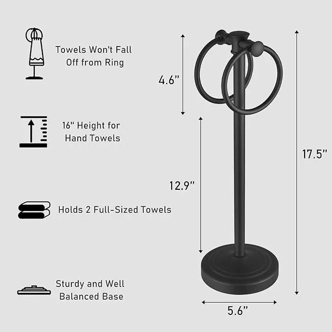 Hoimpro 17" Matte Black Stainless Steel Standing Towel Rack Double Towel Ring Hand Towel Stand Holder, Bathroom Accessories Set Hardware Towel Bar Hanger for Bathroom Vanity and Kitchen Countertops - ModernBath