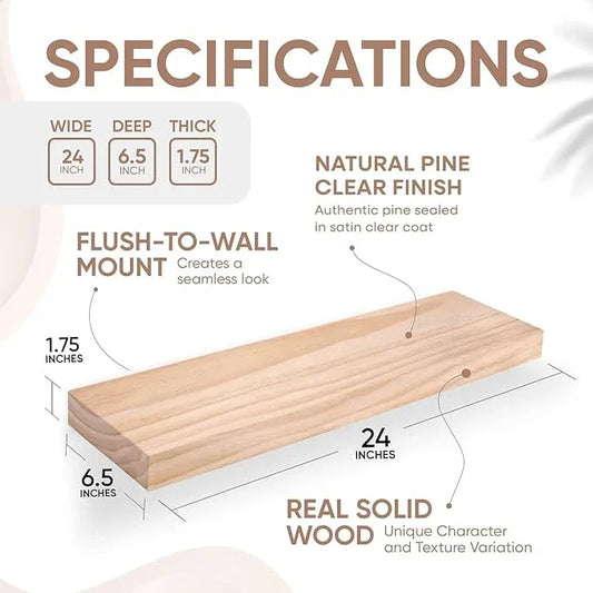 Homeforia 24 inch Natural Floating Shelf, High End Solid Real Wood 24inch Small Floating Shelves for Wall Mounted, Natural Wooden Floating Shelves, Heavy Duty Bracket, 24 X 6.5 X 1.75 in, Set of 2 - ModernBath