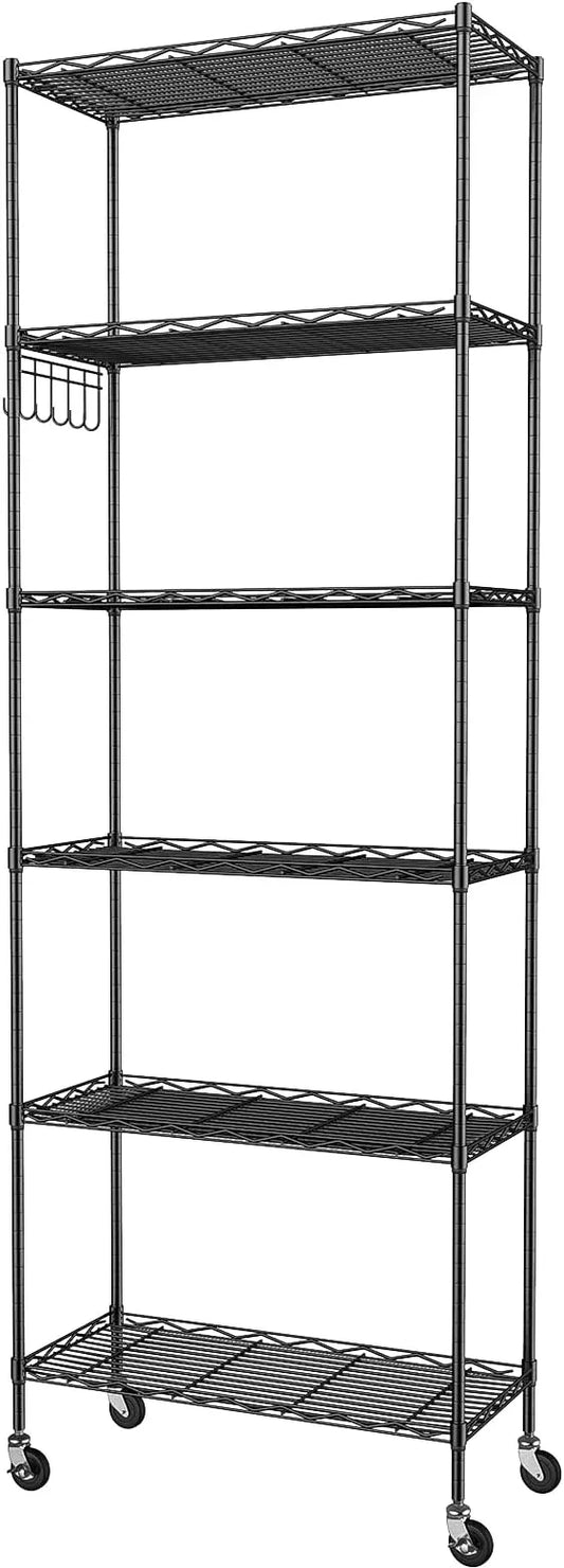 Homdox 6-Tier Storage Shelf Wire Shelving Unit Free Standing Rack Organization with Caster Wheels, Stainless Side Hooks, Black - ModernBath