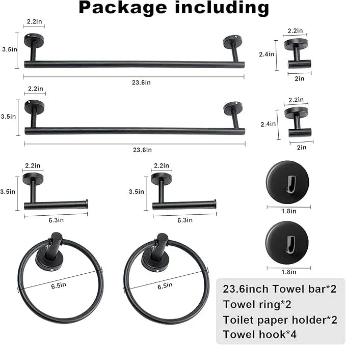 8 Pieces Bathroom Towel Rack Set, Includes 2PCS 23.6 inch Towel bar, 2PCS Towel Hook, 2 PCS Towel Ring, 2PCS Toilet Paper Holder-Matte Black Bathroom Accessories Sets - ModernBath