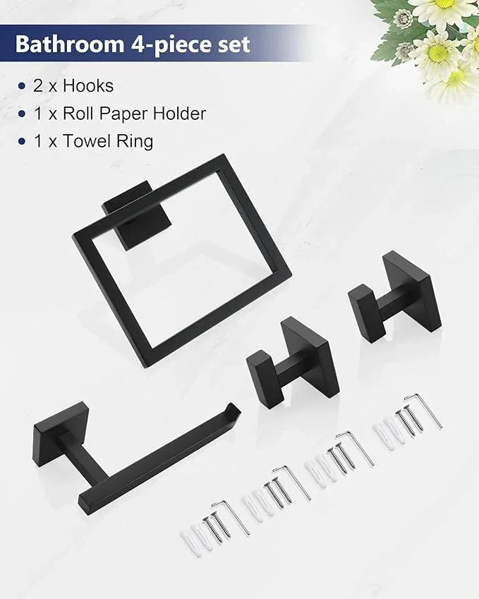 Matte Black Bathroom Hardware Set 4 Pieces, Toilet Paper Holder Set SUS304 Stainless Steel Bath Hand Towel Ring Set for Bathroom Hardware Accessories Set Wall Mounted - ModernBath