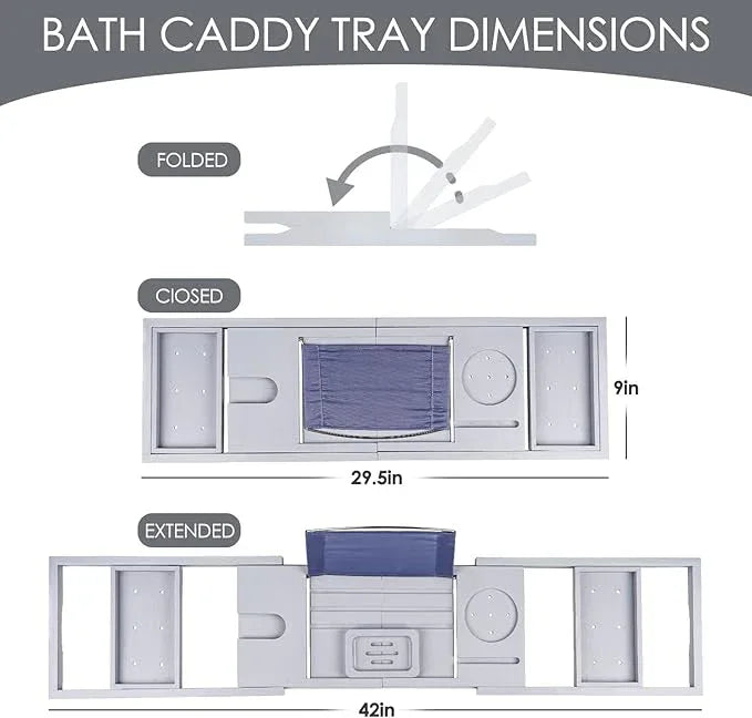 Foldable Bathtub Caddy Tray, Bamboo Bath Tub Tray Table for Tub with Wine Glass Holder Book Phone Tablet Holder with Extending Sides, Adjustable Bathroom Bathtub Free Soap Holder Gift Idea (Grey) - ModernBath