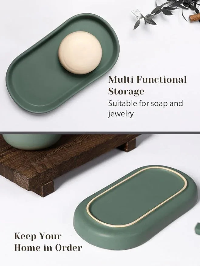 INGOFIN 3 Pcs Ceramic Bathroom Accessory Set - Foam Soap Dispenser, Toothbrush Holder & Tray, Bathroom Counter Set, Countertop Essentials for Home, Guest Bathroom, or Office Use, Matte Green - ModernBath