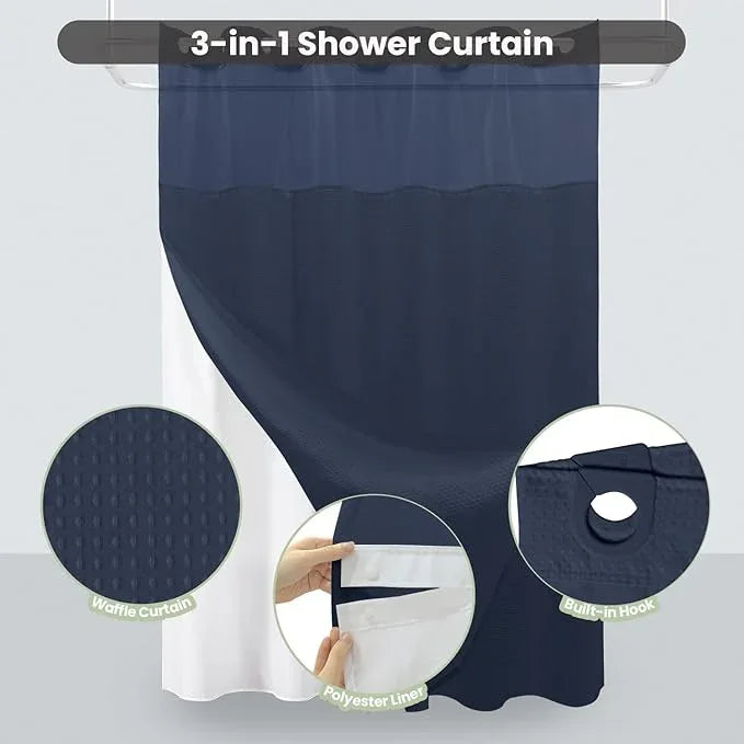 Inhousolu No Hook Shower Curtain with Snap in Fabric Liner Set Waffle Weave 230GSM Weighted Hem, Waterproof & Washable Bathroom Curtain Spa Luxury with Mesh Top Window 72" W x 72" L Navy Blue - ModernBath