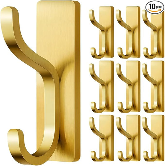 pickpiff Adhesive Wall Coat Hooks - Heavy Duty Stick-On Door Hanger, Metal Hook for Hanging Towel,Purse, Robe, Backpack, Jacket, Clothes - for Bathroom,Dorm, Closet, Kitchen - Gold, 10 Pack