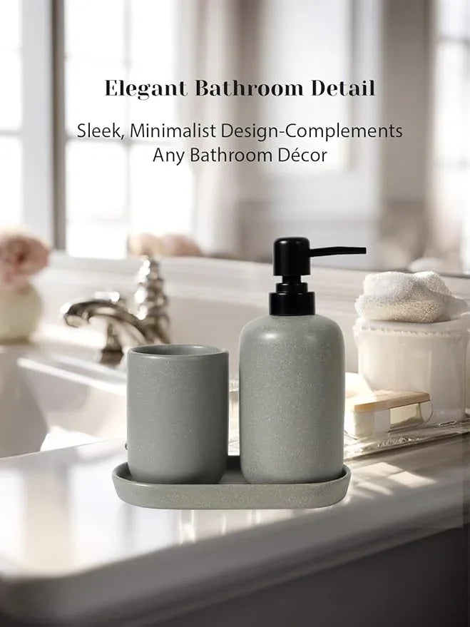 INGOFIN 3 Pcs Ceramic Bathroom Accessory Set - Liquid Soap Dispenser, Toothbrush Holder & Tray, Bathroom Counter Set, Countertop Essentials for Home, Guest Bathroom, or Office Use, Grey - ModernBath