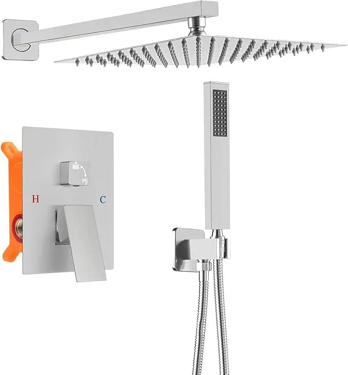 TENIGXT Bathroom Shower Faucet Set，10 Inch Rain Shower Head with Handheld Spray，Brass Shower Valve Trim Kit，Wall Mounted Square Rain Shower System (Brushed Nickel) - ModernBath