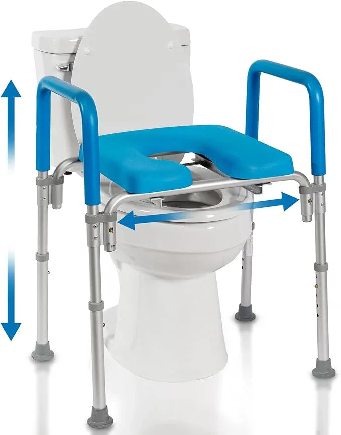 Ultimate Raised Toilet Seat with Handles, Bedside Commode, Padded Armrests, Adjustable Height, Premium Elevated Toilet Seat for Elderly Bathroom Safety with Arms, Standard and Elongated Toilets, Blue - ModernBath