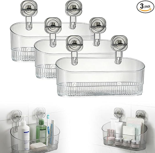 No-Drill Bathroom Suction Storage Box, 2026 New Corrugated Suction Cup Storage Holder,Powerful Suction Storage Box,Removable Hanging Storage Basket,Ripple Acrylic Wall Shelf (3PCS Clear)