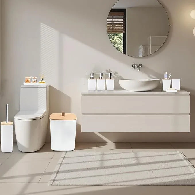 XLHOMO White Bathroom Accessories, Bathroom Accessories Set with Trash Can, Soap Dispenser, Toothbrush Holder, Toothbrush Cup, Soap Dish, Toilet Brush, Tray and Q-tip Holders for Housewarming - ModernBath