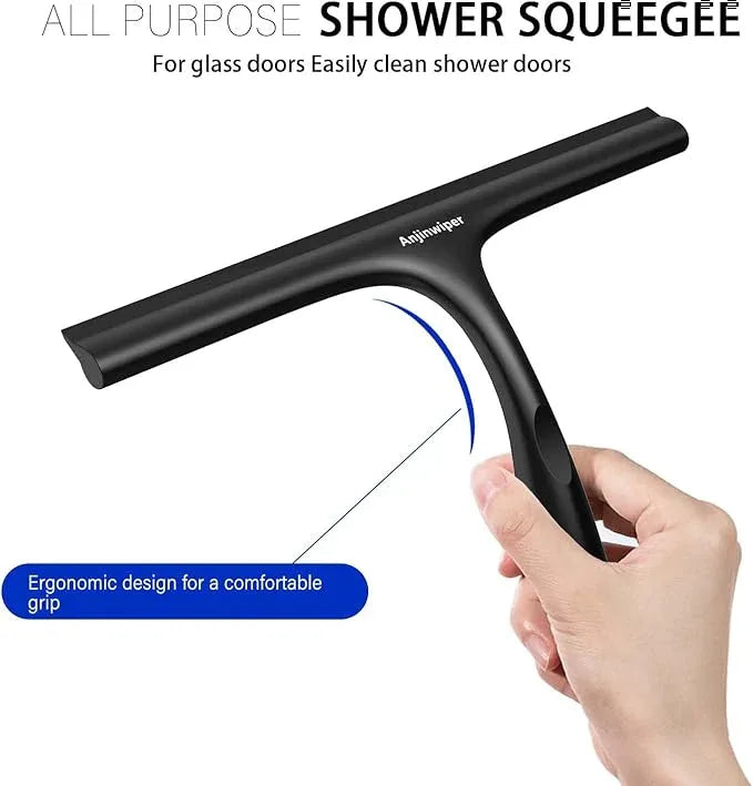 Anjinwiper Shower Squeegee for Glass Doors with Adhesive Hook, Window Squeegee for Shower Glass, Cleaning Tile Wall, Bathroom Cleaner Tool Household Silicone Squeegee(10 inch-Black) - ModernBath