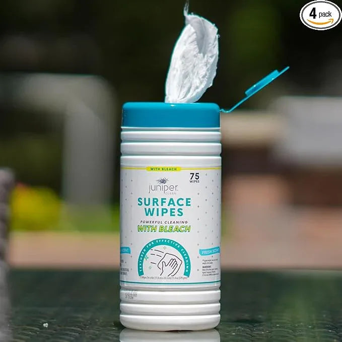 Juniper CLEAN 4 Pack Surface Cleaning Wipes with Bleach, All-Purpose Cleaner for Bathroom, Kitchen, Office, 300 Count Canister, 7.5" x 7" Sheet, Fresh Scent, Lint Free & Durable - ModernBath