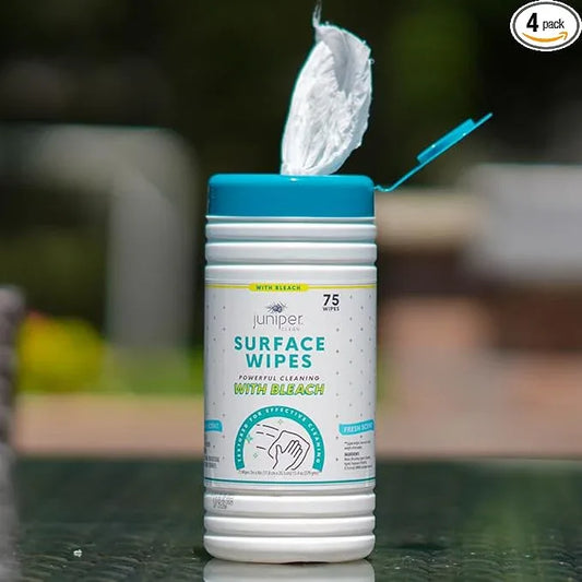 Juniper CLEAN 4 Pack Surface Cleaning Wipes with Bleach, All-Purpose Cleaner for Bathroom, Kitchen, Office, 300 Count Canister, 7.5" x 7" Sheet, Fresh Scent, Lint Free & Durable - ModernBath