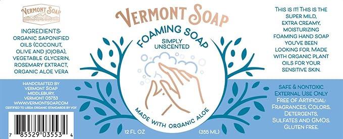 VERMONT SOAP Organic Unscented Foaming Hand Soap - Natural Moisturizing Soap for Dry Skin - Fragrance Free Liquid Bathroom Hand Soap Dispenser - Simply Unscented - 12 oz - ModernBath
