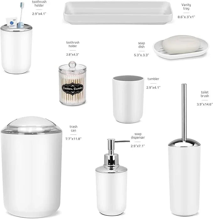 White Bathroom Set,9 Piece Bathroom Accessories Set,Tray,Soap Dispenser,Toothbrush Holder,Toothbrush Cup,Soap Dish,Toilet Brush,Qtip Holders,Trash Can for Bathroom Décor and Housewarming Gifts - ModernBath