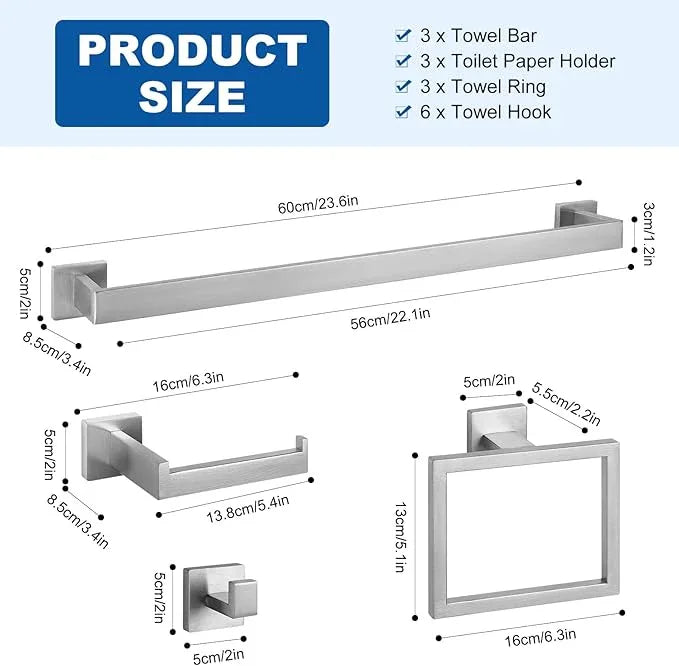 Cilee 15-Pieces Bathroom Hardware Set - Brushed Nickel Bathroom Accessories, 24 Inch Towel Bar, Square Towel Ring, Toilet Paper Holder, Towel Hook, Wall-Mounted Stainless Steel Towel Bar Rack Set - ModernBath
