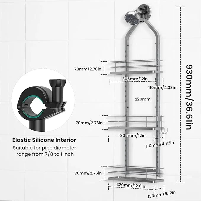 Shower Caddy Hanging (Silver), Adjustable Anti-Swing-Over The Shower Head Caddy, 3 Tier Height Bathroom Storage Organizer Bathroom Shelves Basket Rack Shower Caddies (3Tier) - ModernBath