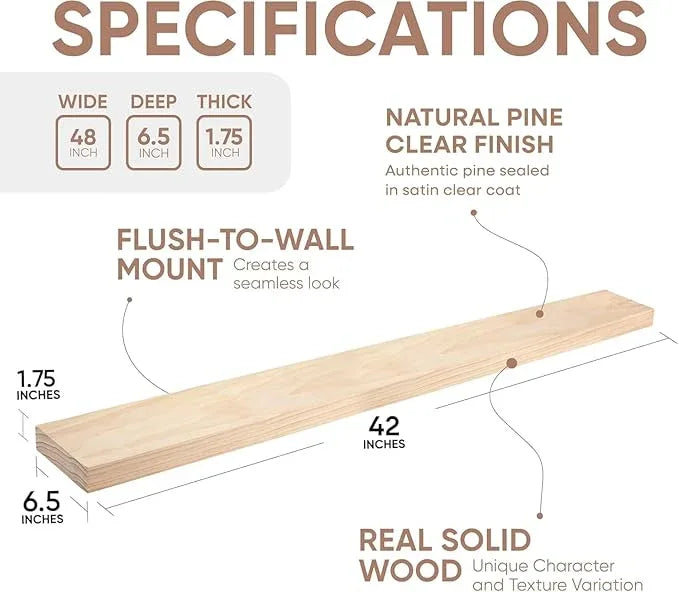 Homeforia 42 inch Natural Floating Shelf, High End Solid Real Wood 42inch Small Floating Shelves for Wall Mounted, Natural Wooden Floating Shelves, Heavy Duty Bracket, 42 X 6.5 X 1.75 in, Set of 2 - ModernBath