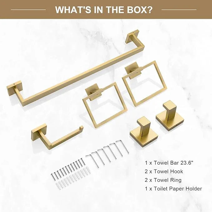 TQKAG 6-Piece Bathroom Towel Bar Sets Brushed Gold 23.6 inch Towel Bar Stainless Steel Towel Ring Coat Hook and Toilet Paper Holder Bathroom Hardware Set Wall Mounted Bathroom Accessories Kit - ModernBath