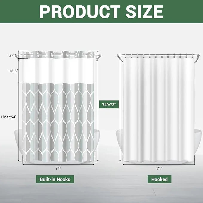 Yiatn No Hook Shower Curtain with Snap-in Liner, Gray Geometric Waterdrop Design, Machine Washable & Waterproof Polyester Bath Curtain, 71x74 Inch - ModernBath