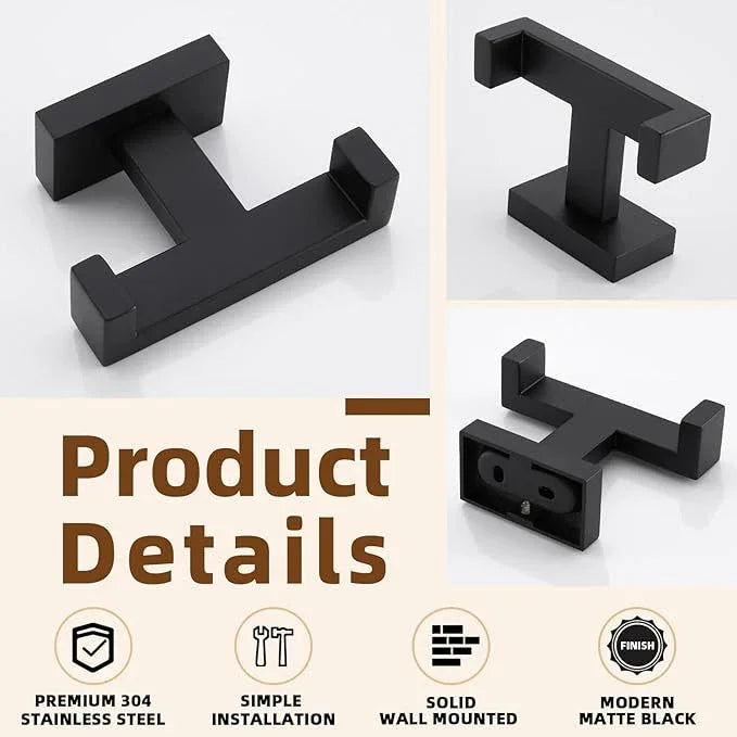 APLusee Double Robe Towel Hook, 304 Stainless Steel Square Dual Coat Hook, Utility Bath Kitchen Storage Hanger Holder, Matte Black - ModernBath