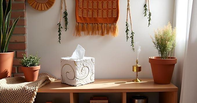 Huitony Square Tissue Box Cover Decorative Klenex Box Holder for Bathroom & Living Room with Handcrafted Texture (White&Gold) - ModernBath