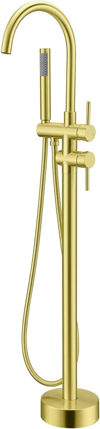 Freestanding Tub Filler Bathtub Faucet Brushed Gold Floor Mounted Brass Faucets with Handheld Shower - ModernBath