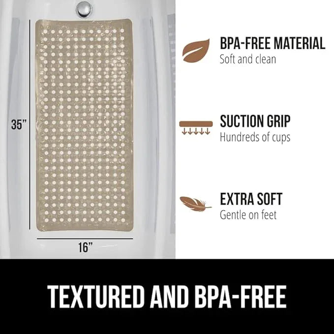 GORILLA GRIP Patented Bath Tub Shower Mat, Machine Washable Bathtub Floor Liner Mats, Suction Cups and Drain Holes to Keep Tubs Clean, Soft on Feet, Bathroom Essentials, 35x16 Inch, Beige - ModernBath
