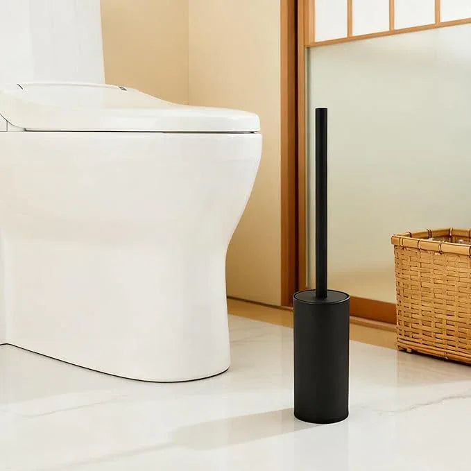 Toilet Brush and Holder Set, NEWRAIN 304 Stainless Steel Toilet Brush with Long Brush Handle, Matte Black Toilet Scrubber and Covered Holder, Round Design Sturdy and Space Saving, Covered Brush - ModernBath