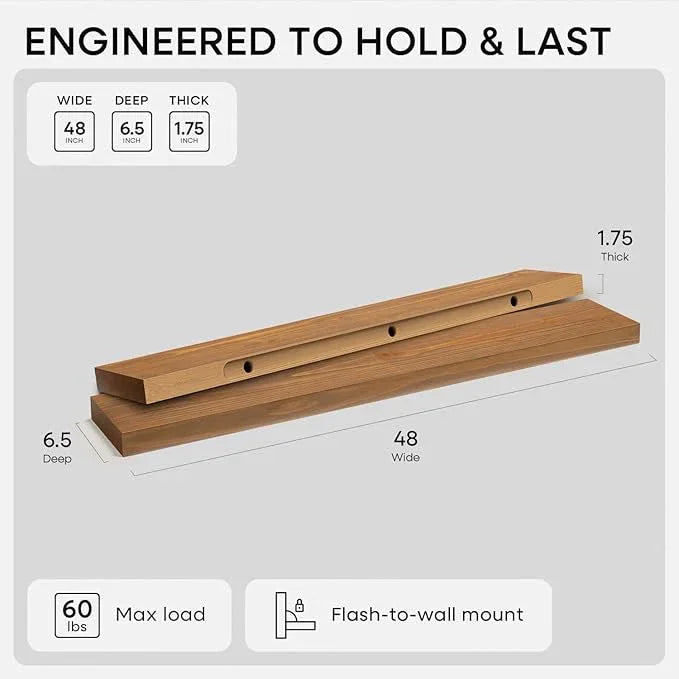 Homeforia 48 inch Golden Oak Floating Shelf, High End Solid Real Wood 48inch Small Floating Shelves for Wall Mounted, Oak Wooden 48in Floating Shelves, Heavy Duty Bracket, 48 X 6.5 X 1.75 in, Set of 2 - ModernBath