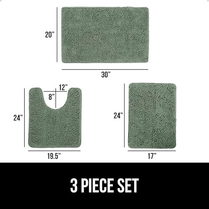 GORILLA GRIP Bathroom Rug Sets 3 Piece, Bath Mat Set and Oval Toilet Base with Rubber Backing, Plush Absorbent Shaggy Chenille Washable Mats, Includes 24x19.5, 24x17 and 30x20 Inch Rugs, Sage - ModernBath