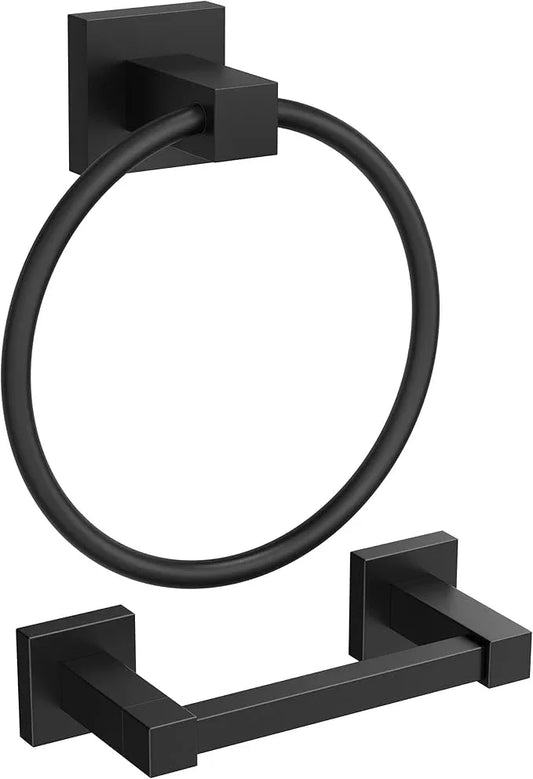 FORIOUS Toilet Paper Holder Wall Mount and Hand Towel Ring Set, SUS 304 Stainless Steel Double Post Pivoting Tissue Roll Holder, Modern Bathroom Hardware Accessories Set, Matte Black - ModernBath